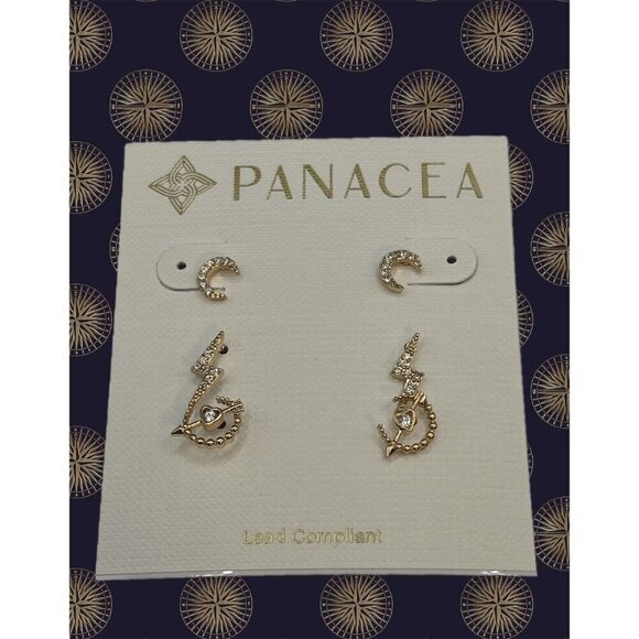 Panacea 14K Gold-Plated Moon-Bolt Arrow Heart Pave Accent 3 Pc Stud Earring Set - Picture 1 of 3